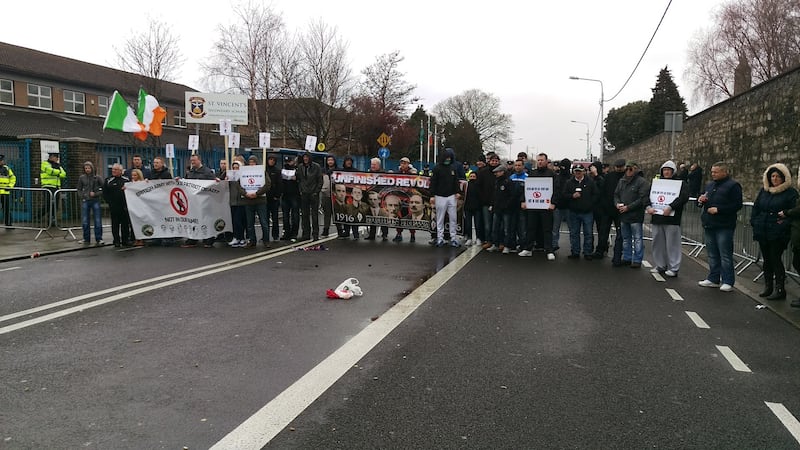 Protesters outside St Vincent’s secondary school. Photograph: Conor Lally