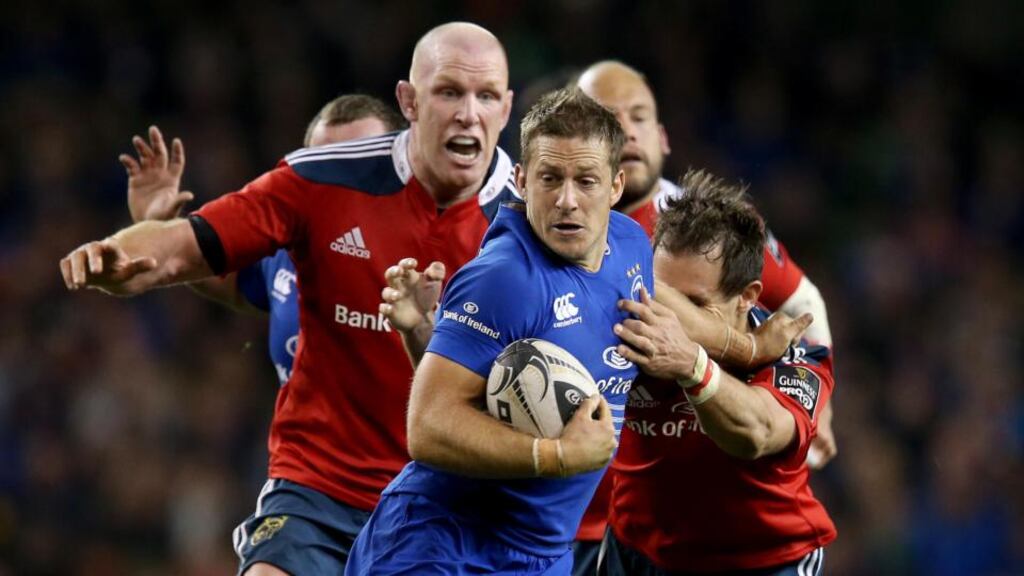 Leinster’s Jimmy Gopperth is tackled by Munster’s Andrew Smith and Paul O’Connell during the recent clash at the Aviva Stadium. ‘Choosing Gopperth over Madigan is a conservative route to go down, in my opinion.’ Photo: Dan Sheridan/Inpho