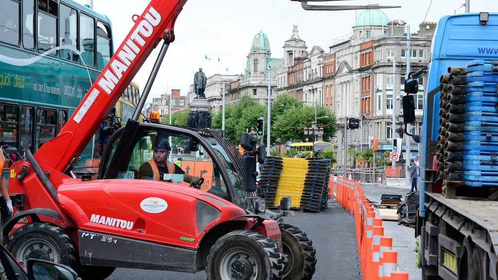 Workmen  at Westmoreland Street  in Dublin city centre.  Luas line work  will take place over the August Bank Holiday weekend. Photograph: Cyril Byrne