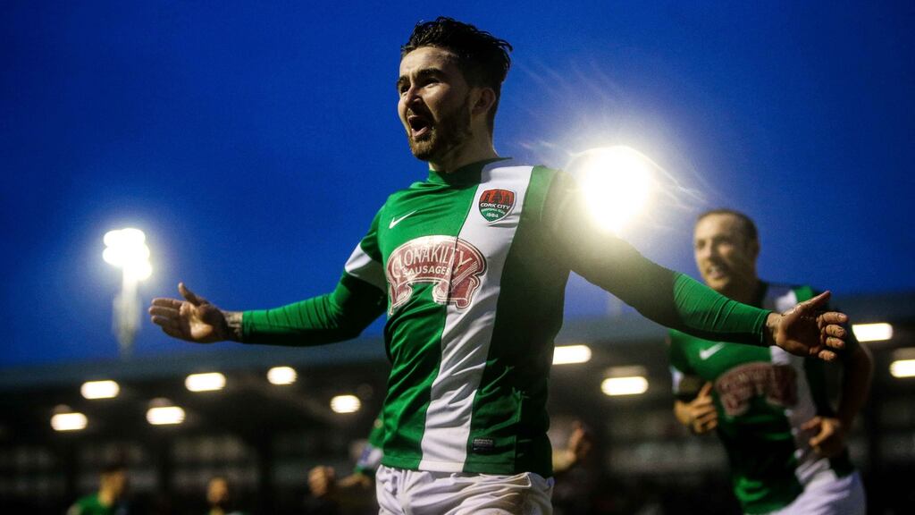 Cork City’s Sean Maguire celebrates scoring the first of his two goals in the SSE Airtricity League Premier Division game against Galway United at Eamonn Deacy Park. Photograph: Tommy Dickson/Inpho