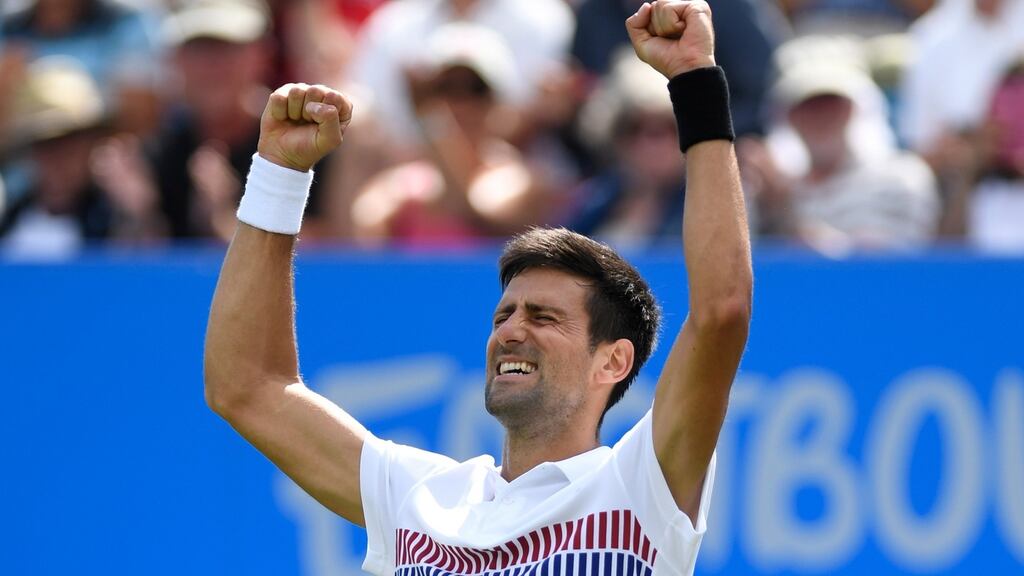 Novak Djokovic celebrates victory against Gael Monfils in the final of the Aegon International Eastbourne at Devonshire Park Lawn Tennis Club. Photograph: Mike Hewitt/Getty Images