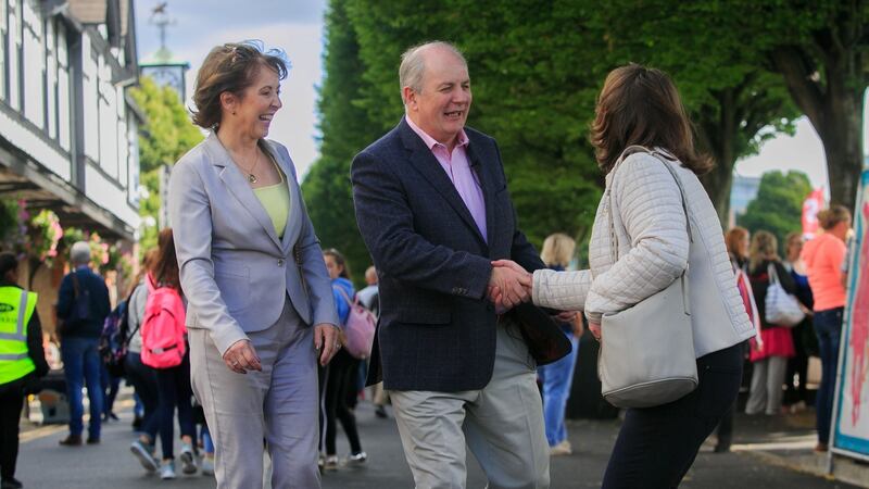 Orlaith Carmody and her husband presidential hopeful Gavin Duffy greet Catherine O’Sullivan at the Dublin Horse Show at the RDS in Ballsbridge, Dublin. Photograph: Gareth Chaney Collins