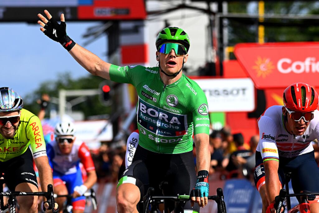 Sam Bennett of Ireland and Bora-Hansgrohe celebrates winning stage three at the Vuelta – his season has since been disrupted by Covid. Photograph: Tim de Waele/Getty Images