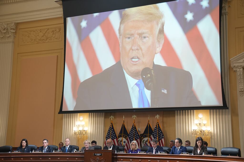 A screen displays a photograph of former president Donald Trump during the last public meeting of the House committee investigating the January 6th attack on the US Capitol. File photograph: Haiyun Jiang/The New York Times