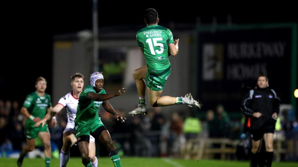 Home-grown talent Tiernan O’Halloran in action for Connacht against Ulster at the Sportsground as team-mate Niyi Adeleokun, who was born in Nigeria, looks on. Photograph: James Crombie/Inpho