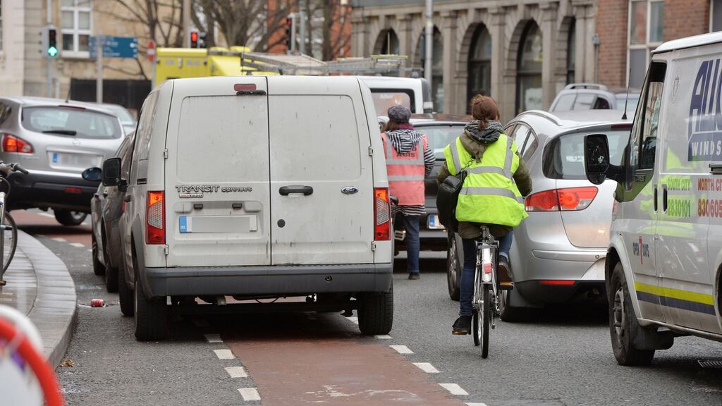 A file image of a vehicle parked in a cycle lane in Dublin. From February 1st the fine for parking on footpaths, cycle tracks and bus lanes will double. Photograph: Alan Betson/The Irish Times
