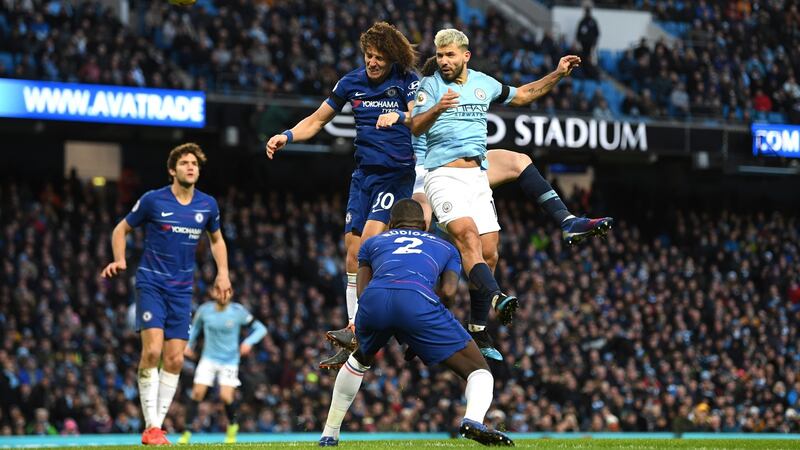 Agüero heads home. Photo: Michael Regan/Getty Images