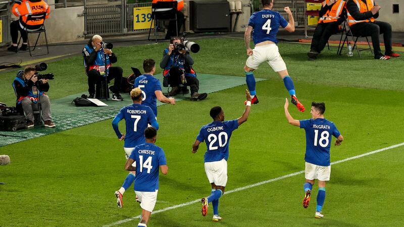 Shane Duffy celebrates after scoring their fourth goal. Photograph: Ben Brady/Inpho