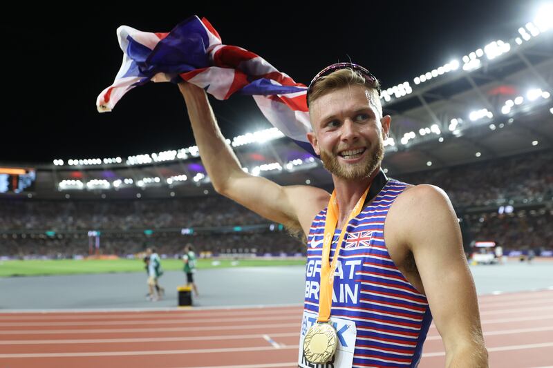Britain's Josh Kerr celebrates winning gold in the Men's 1500m final at the World Athletics Championships in Budapest on August 23rd, 2023. Photograph: Michael Steele/Getty Images
