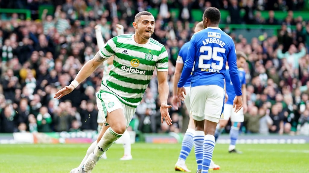 Celtic’s Georgios Giakoumakis celebrates scoring his side’s first goal of the game during the Scottish Premiership game against St Johnstone at Celtic Park. Photograph: Jane Barlow/PA Wire