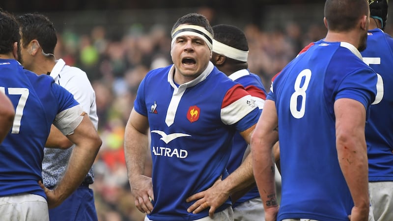 France’s hooker Guilhem Guirado talks to his players after receiving a ‘final warning’ from referee Ben O’Keeffe. Photograph: Damien Meyer/AFP/Getty Images