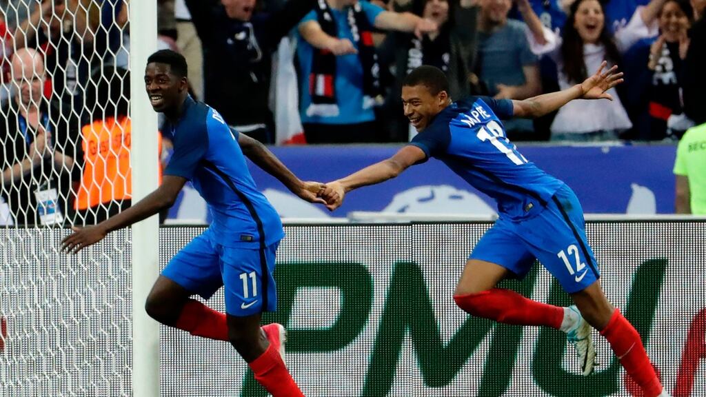 France’s forward Ousmane Dembele celebrates his goal with Kylian Mbappe. Photograph: Getty Images