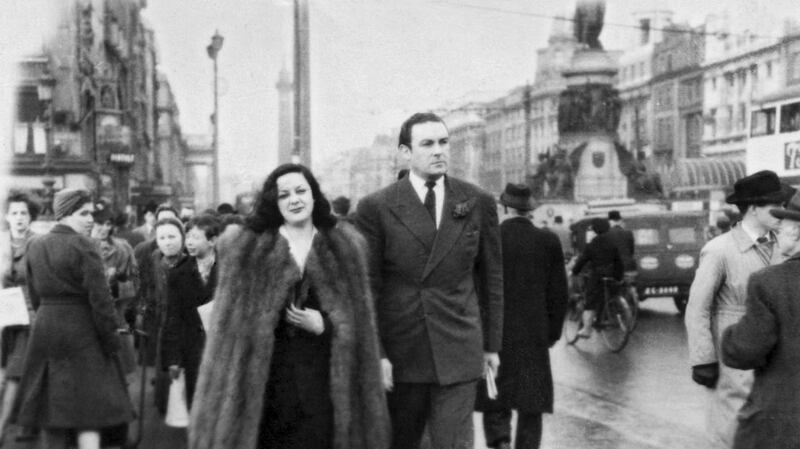 Actor Movita Castaneda and Jack Doyle, who were married briefly, walking down O’Connell Street in the 1940s. From the exhibition ‘Man on the Bridge’. Photograph: Arthur Fields family collection