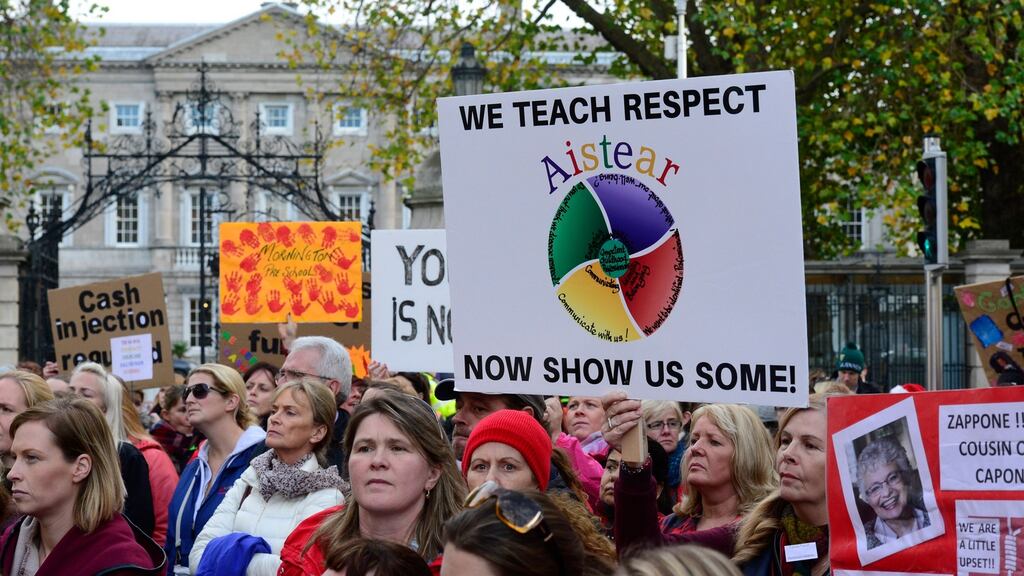 Early childhood education providers and care staff protesting outside the Dáil on Tuesday. Photograph: Cyril Byrne