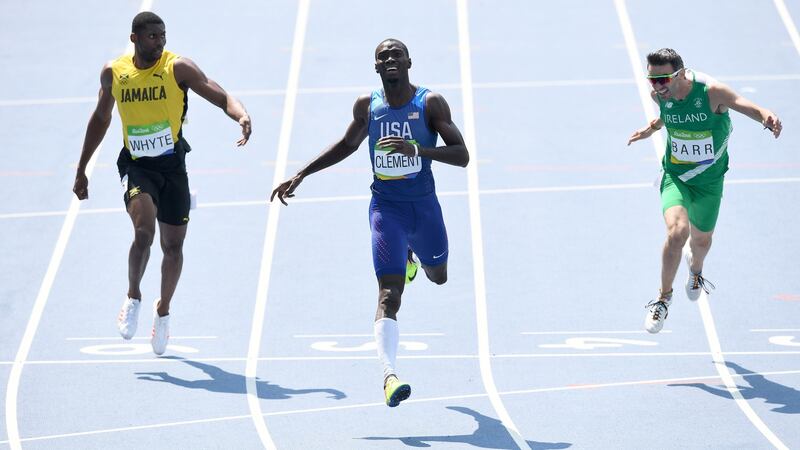 Thomas Barr’s stretches for the line in the final of the 400m hurdles at the Olympic Stadium in Rio. Photograph: Shaun Botterill/Getty Images
