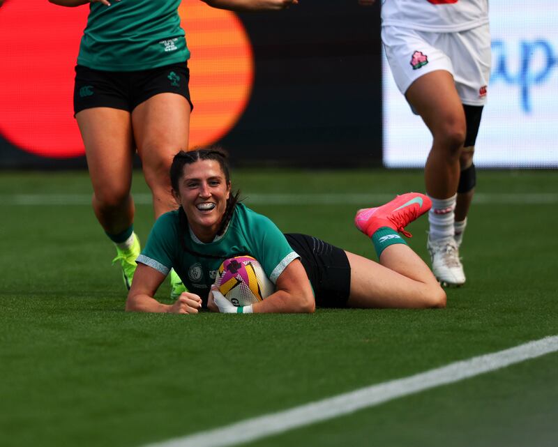Ireland's Amee-Leigh Costigan scores a try. Photograph: Ben Brady/Inpho