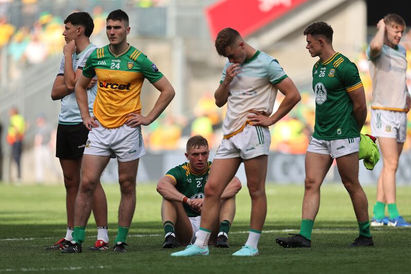 Meath players dejected after the final whistle at Croke Park. Photograph: Bryan Keane/Inpho