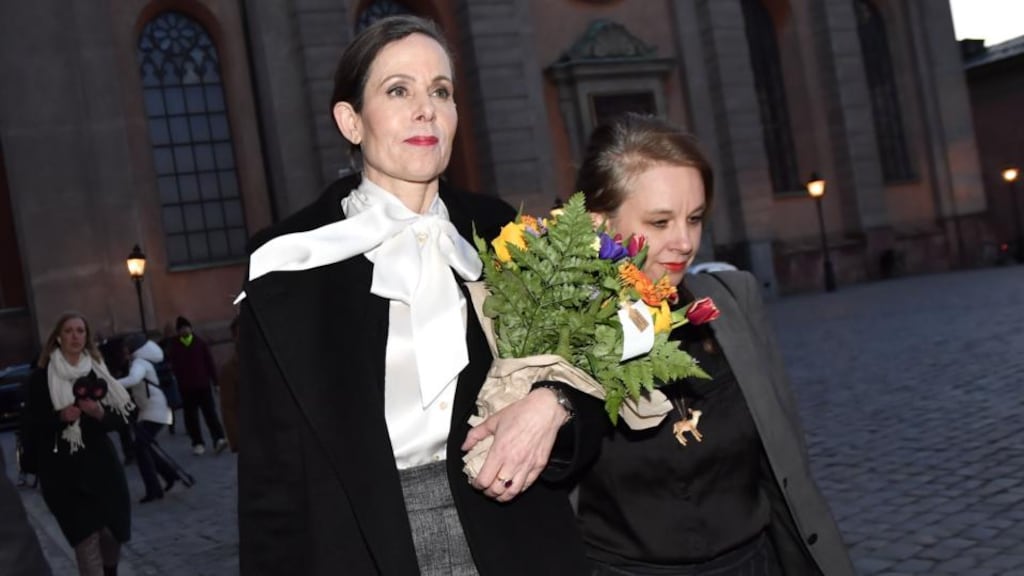The Swedish Academy’s Permanent Secretary Sara Danius and academy member Sara Stridsberg leave a meeting at the Swedish Academy in Stockholm yesterday. Photograph: Jonas Ekstromer/AFP/Getty Images