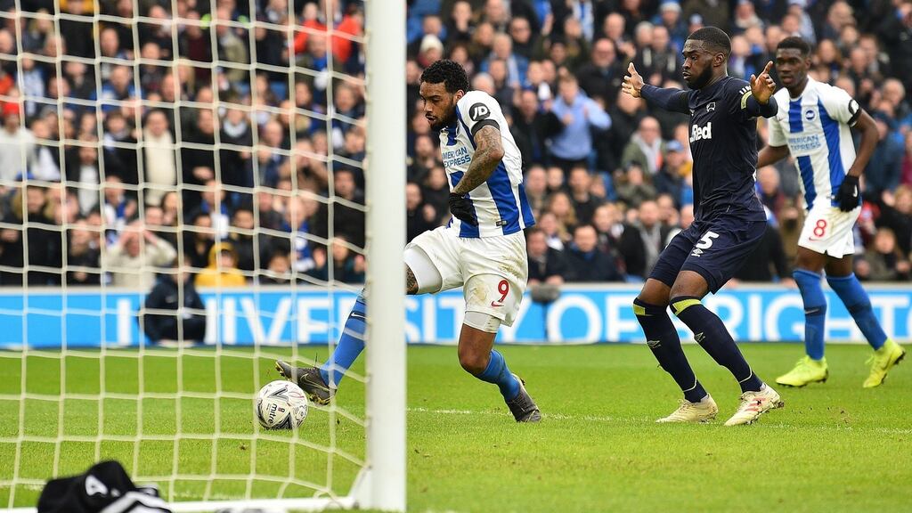 Jurgen Locadia scores Brighton’s second against Derby. Photograph: Glyn Kirk/AFP/Getty