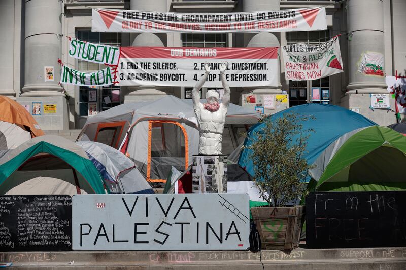 A student encampment in front of Sproul Hall, the administrative building on the University of California Berkeley campus this week. Photograph: John G Mabanglo/EPA-EFE