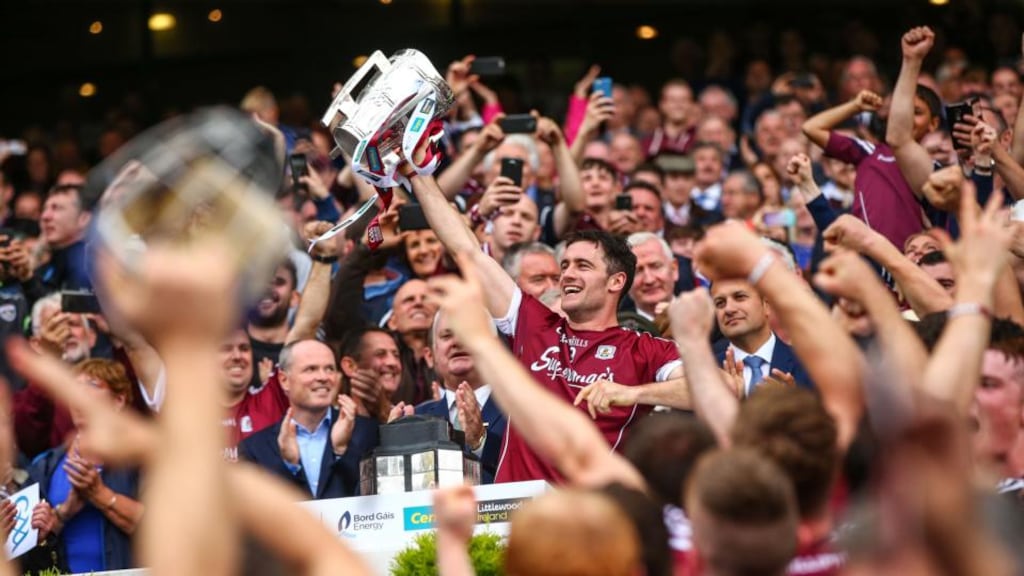 Galway captain David Burke lifts the Liam MacCarthy cup at Croke Park last September. Photograph: Inpho