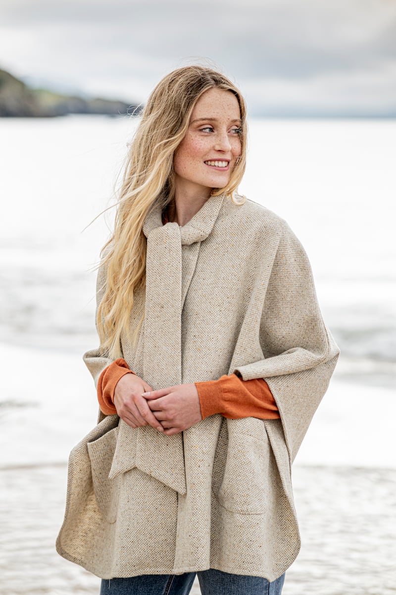 Carrick Bow Donegal tweed cape, €275, Bernie Murphy. See www.berniemurphy.com.