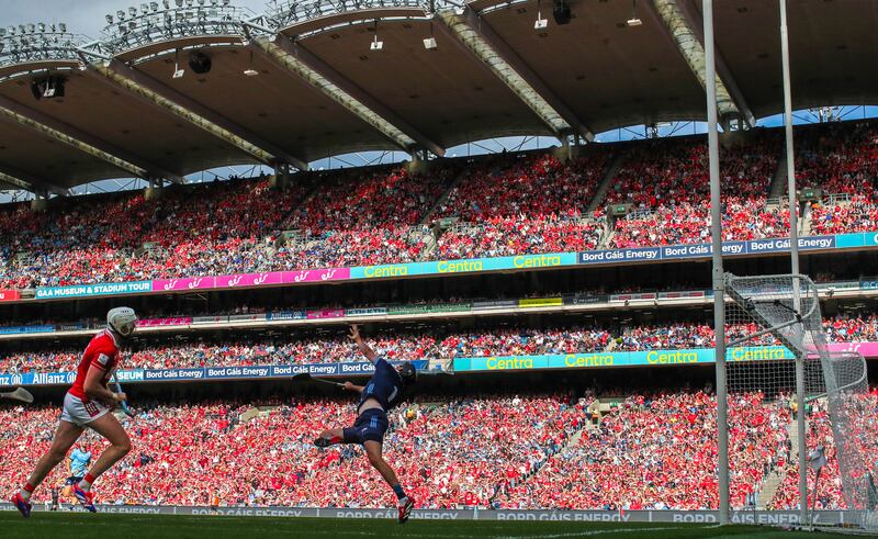 Tim O'Mahony gives a demonstration of Cork's lethality against Dublin. Photograph: Ryan Byrne/Inpho