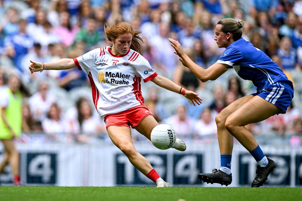 Tyrone's Sorcha Gormley has a shot on goal during the All-Ireland intermediate final against Laois. Photograph: Shauna Clinton/Sportsfile