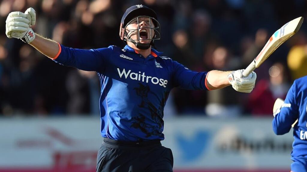 England’s Jonny Bairstow celebrates after hitting the winning runs during the fifth one-day international match between England and New Zealand at Chester-le-Street. Photo: Paul Ellis/AFP