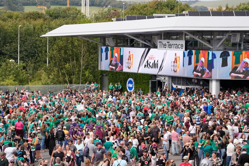 Fans outside the ground in Brighton before the Ireland game. Photograph: Andrew Matthews/PA