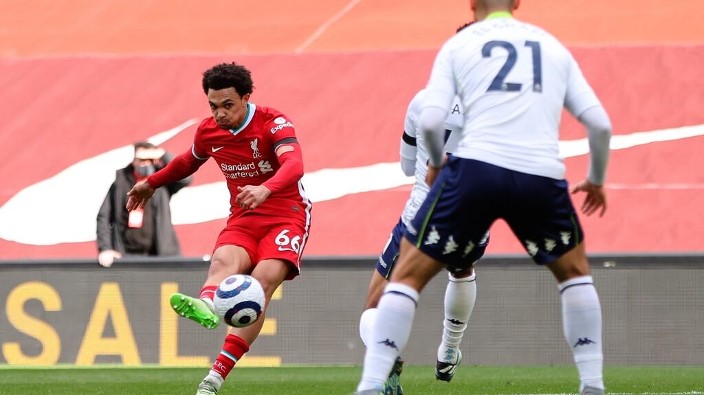 Trent Alexander-Arnold scores Liverpool’s winner against Aston Villa. Photograph: Clive Brunskill/EPA