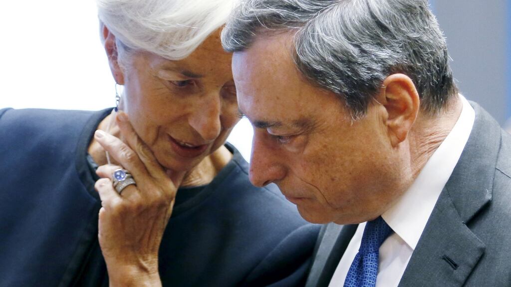 Mario Draghi with Christine Lagarde: he has has been urging political leaders in the euro zone to do their bit by deploying “fiscal policies” to support recovery. Photograph: Francois Lenoir/Reuters