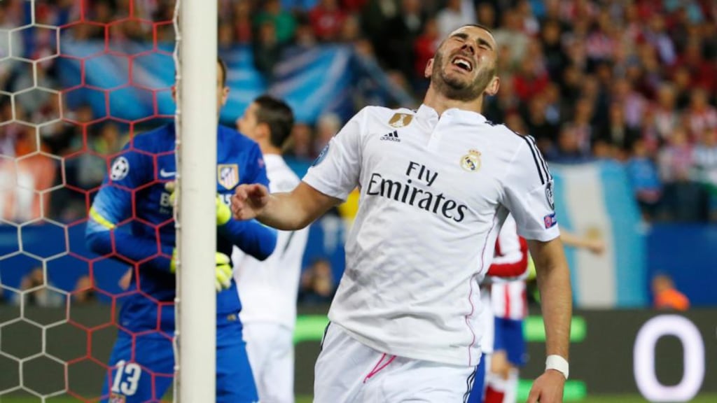 Karim Benzema will miss Real Madrid’s Champions League quarter-final second leg against city rivals Atletico. Photograph: Reuters