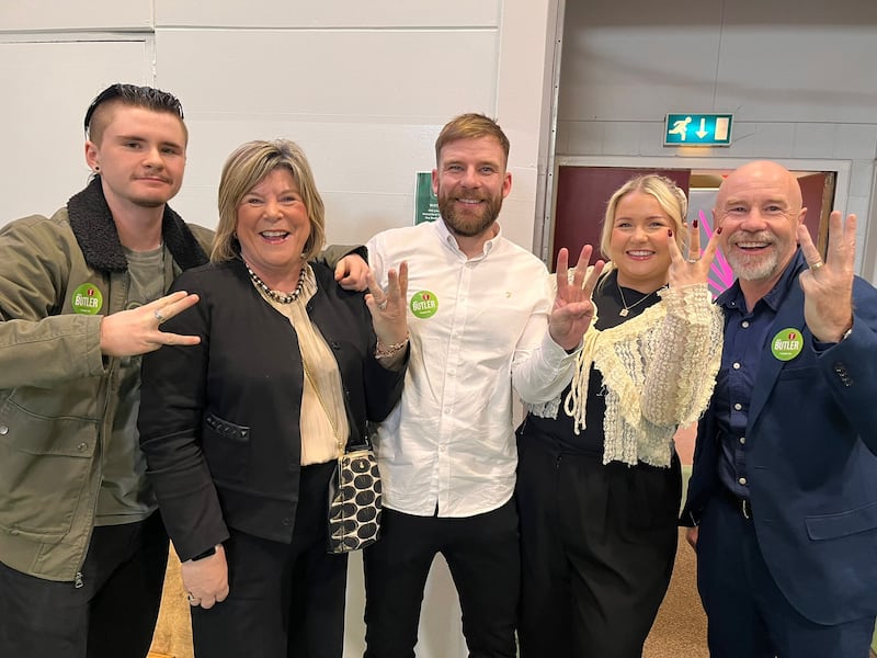 Fianna Fáil TD Mary Butler with her husband Mick and their children celebrate in Waterford in advance of what would be her third Dáil election win… Photograph: Kevin O'Sullivan