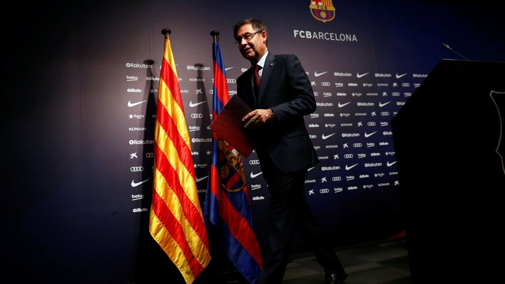 FC Barcelona President Josep Maria Bartomeu during a news conference at Camp Nou stadium. Photograph: Reuters