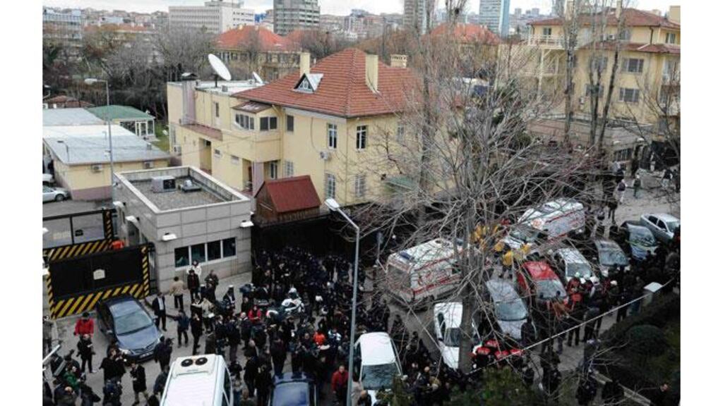 Riot police block a street after an explosion at the entrance of the US embassy in Ankara. Photograph: Reuters