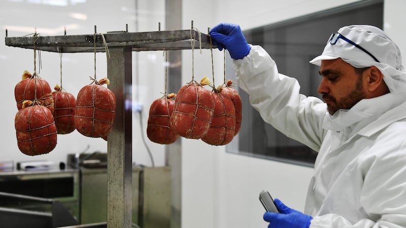 Mortadella in production at FICO Eataly World. Photograph: Getty Images