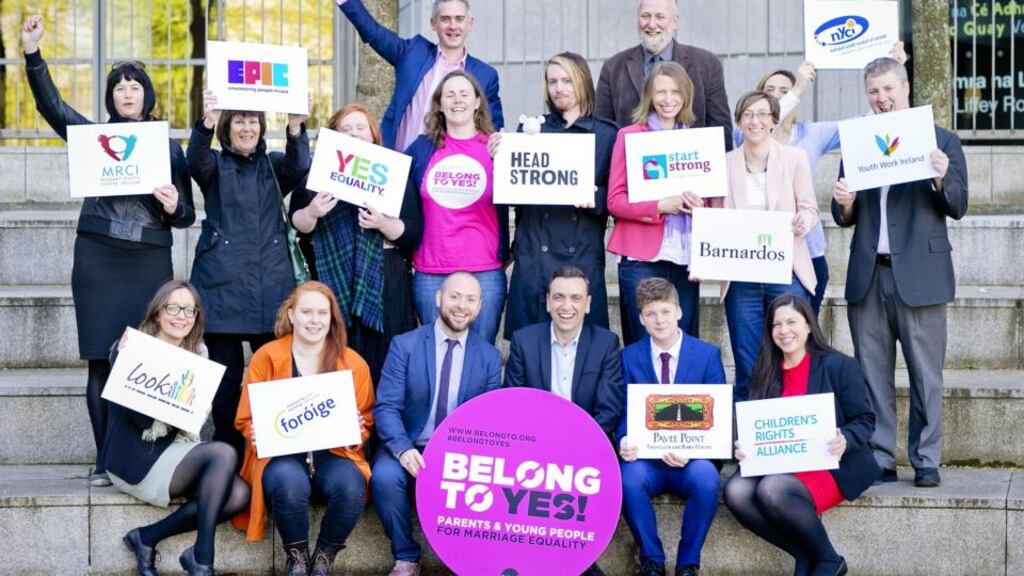 Representatives from the BeLonG To YES coalition at a meeting on the importance for young people of a ‘Yes’ vote in the same-sex marriage referendum. Organisations involved in the coalition include the ISPCC, Barnardos, Foróige and BeLonG To. Photograph: Marc O’Sullivan
