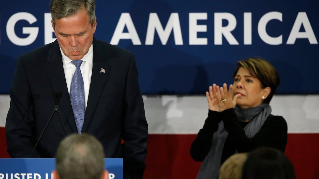 Republican presidential candidate, former Florida govenor Jeb Bush accompanied by his wife Columba, speaks at his South Carolina Republican presidential primary rally in Columbia. Mr Bush has quit the presidential race. Photograph: AP