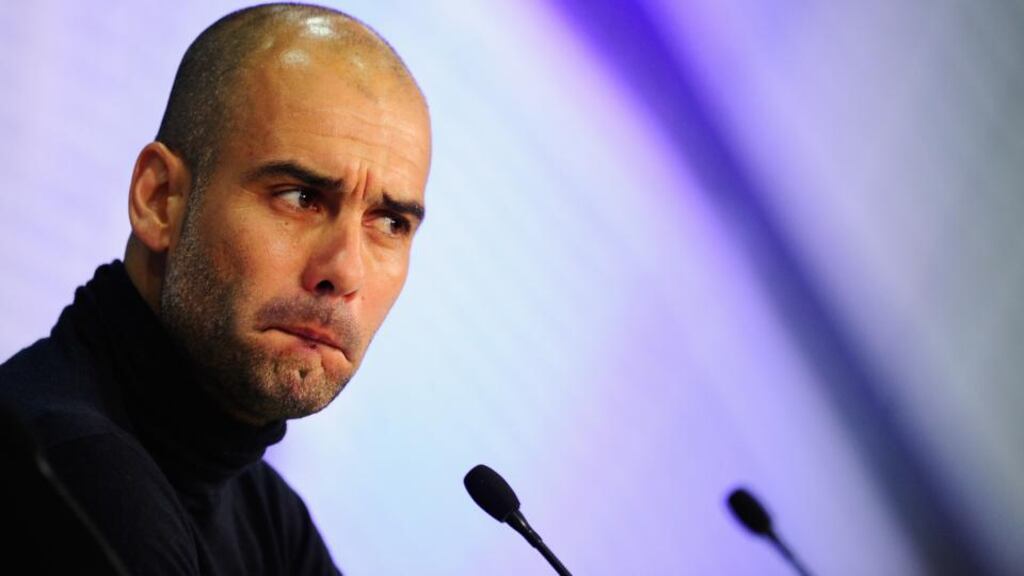 Bayern Munich manager Pep Guardiola during a press conference ahead of their Champions League quarter-final second leg match against Manchester United in Germany. Photograph:Lennart Preiss/Bongarts/Getty Images