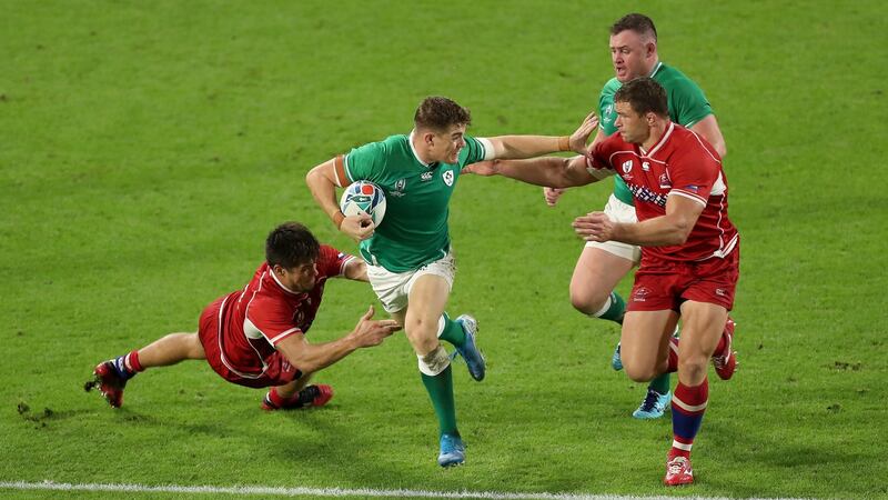 Garry Ringrose carries during Ireland’s win over Russia in Kobe. Photograph: Mike Hewitt/Getty