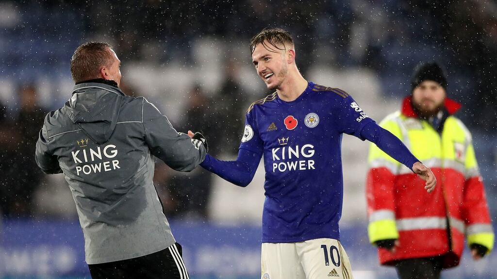 Leicester manager Brendan Rodgers and s James Maddison and Leicester City manager Brendan Rodgers (left) celebrate after the victory over Arsenal at the King Power Stadium. Photograph: Nick Potts/PA
