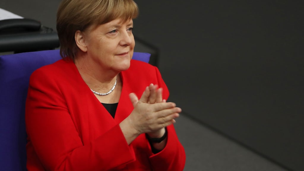 Chancellor Angela Merkel, with a flash of Churchillian passion, vowed to push for an orderly UK departure from the EU “to the last day, to the last hour”g. Photograph: Hayoung Jeon/EPA
