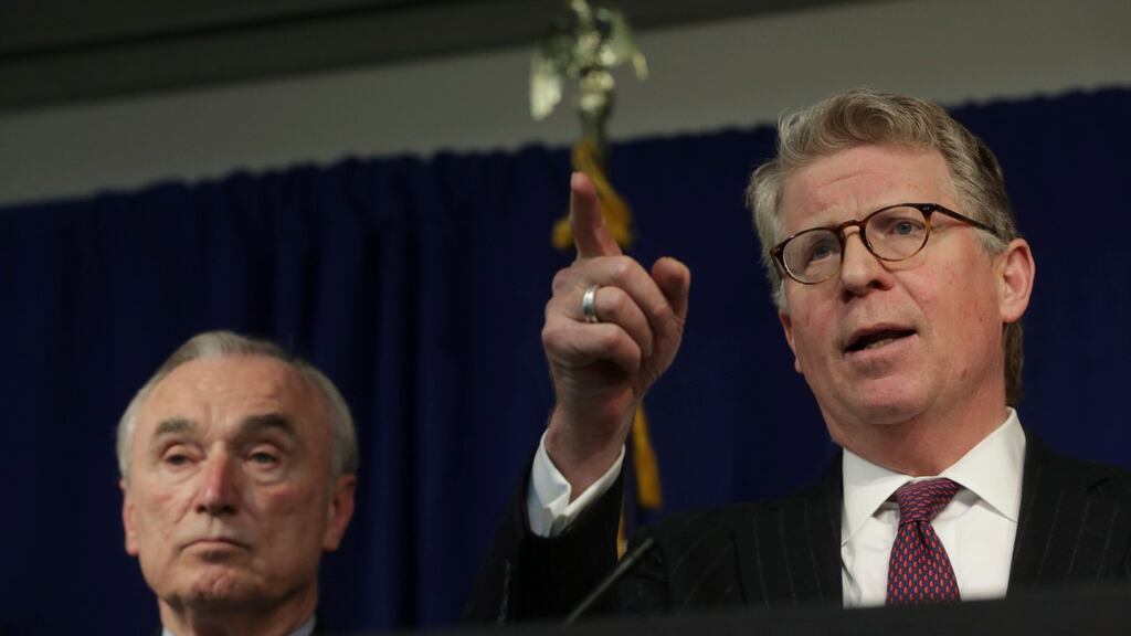 Manhattan District Attorney Cyrus Vance and New York City Police Commissioner William Bratton announce the indictment of defendants in a Social Security fraud case. Photograph: Michael Appleton/The New York Times