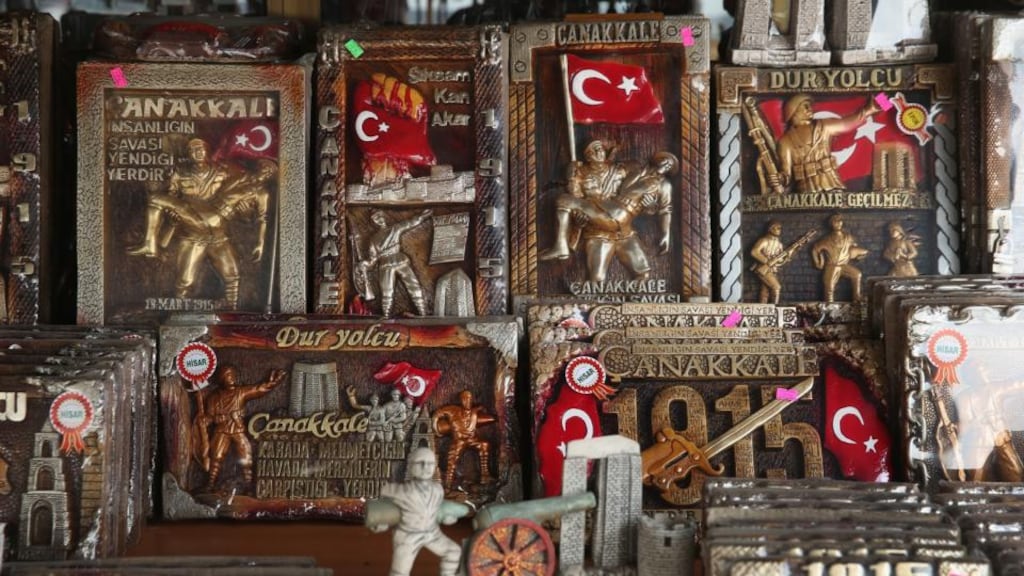Souvenirs commemorate the Gallipoli campaign at a shop in Eceabat. Turkey has moved commemorations up one day. Photograph: Sean Gallup/Getty Images