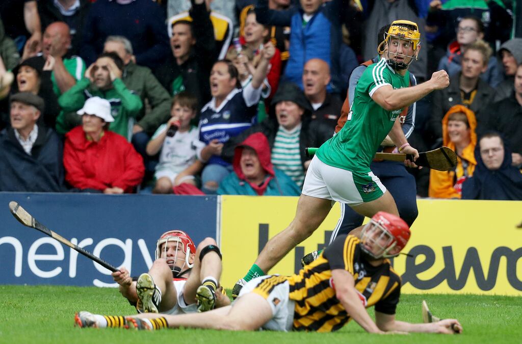 Limerick’s Tom Morrissey celebrates scoring a late point. Photograph: Tommy Dickson/Inpho