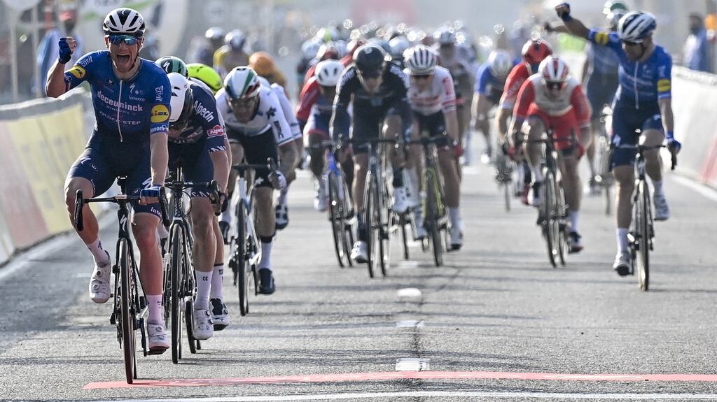 Sam Bennett, pictured here winning the Brugge-De Panne classic in March, has suffered a setback in his preparations for the Tour de France after injuring his right knee. Photograph: Dirk Waem/Belga Mag/AFP via Getty Images