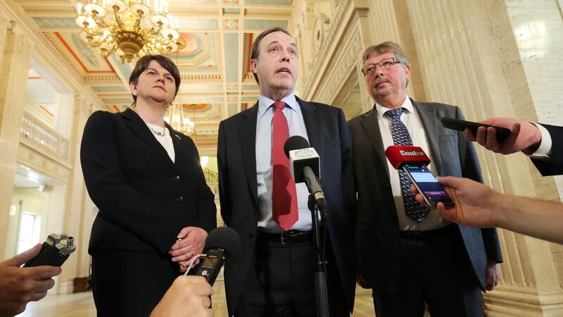Arlene Foster, Nigel Dodds and Sammy Wilson. Photograph: Kelvin Boyes/ Press Eye.