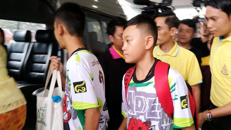 Two of the 12 rescued members of the Wild Boar soccer team depart from the Chiangrai Prachanukroh Hospital in Chiang Rai province, Thailand.l Photograph: Chaichan Chaimun/EPA