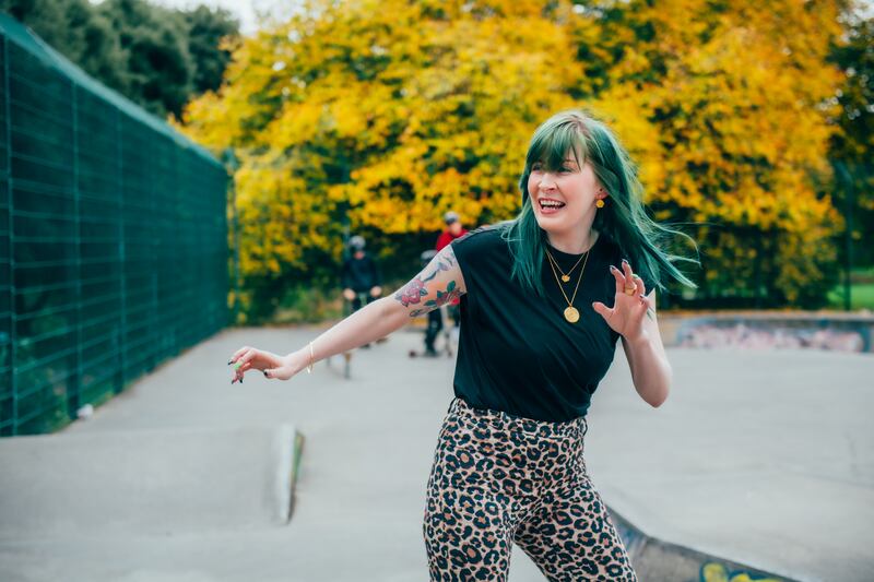 Amy ‘Destroy McLure’ wearing Edge Only hexagon drop earrings €255, abstract hexagon pendant €175, new vinyl pendant €365 and rugged ring €329 in 18ct gold vermeil and a solid 9ct gold bangle €965. Photograph: Ruth Medjber